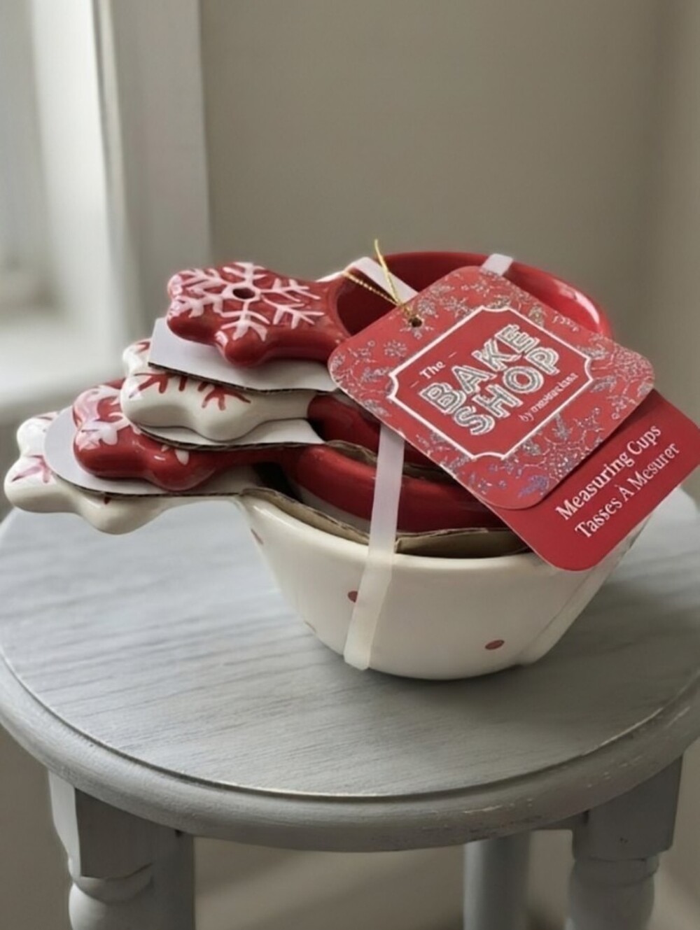 NEW The Bakeshop Christmas Ceramic Measuring Cups - Red & White Snowflake Set